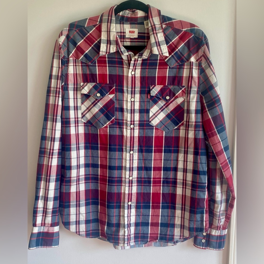 Levi's Red and Blue Plaid Men's Shirt with pearl snaps size large